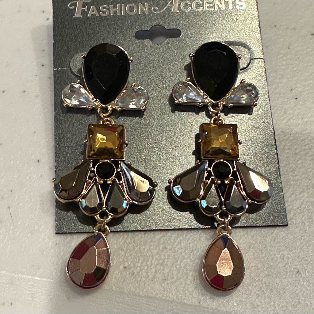 Nwt Fashion Accents Earrings Gold W/ Black, Yellow, Topaz, Clear Jewel Clusters